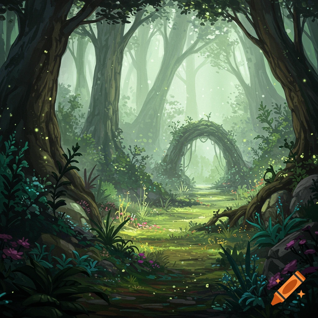 A lush, glowing fantasy forest path with a vine archway.