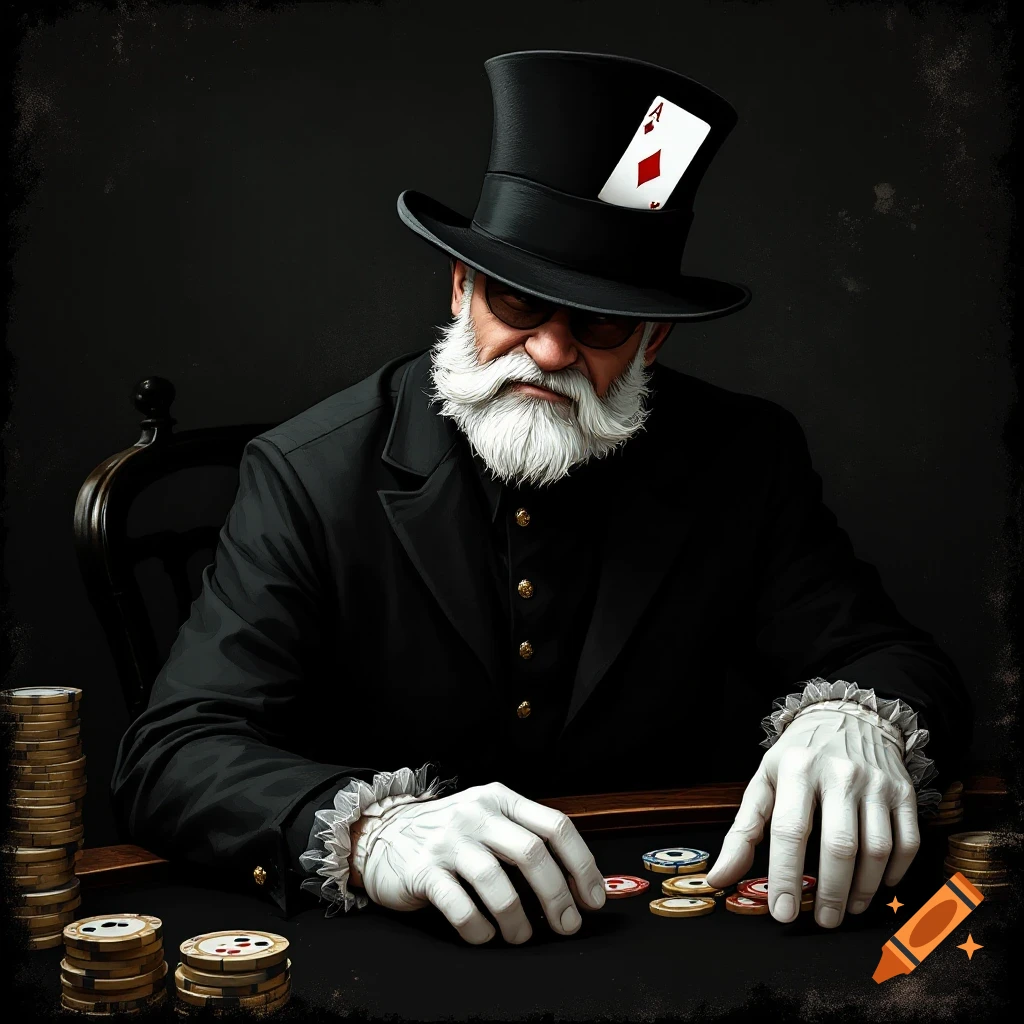 A vintage stylized portrait of a man in a top hat with an ace of diamonds, sunglasses, white beard, and frilled cuffs, sitting at a table with poker chips.