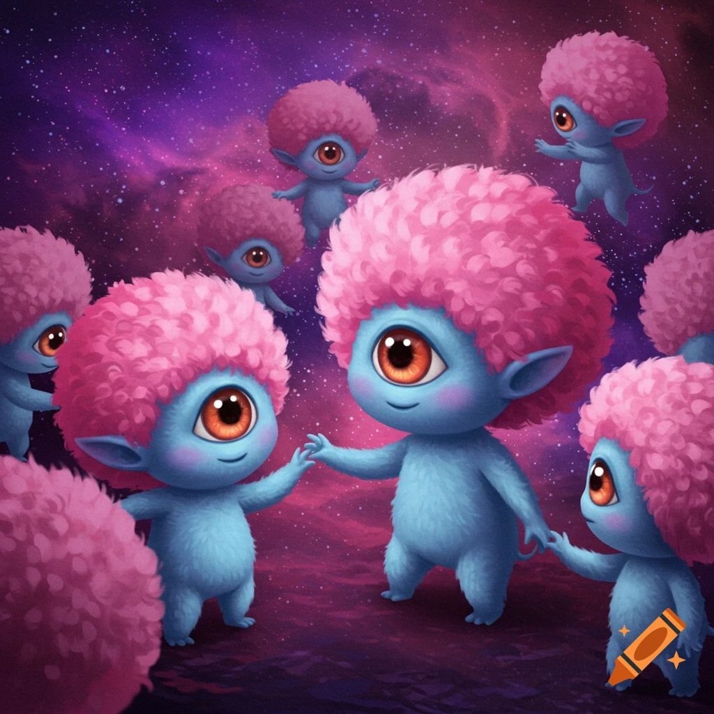 Cute blue aliens with pink fluffy hair and one eye in space.