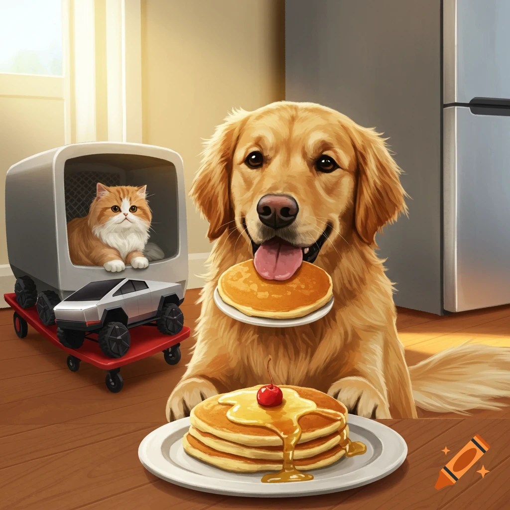 A golden retriever holds a pancake while a cat sits in a carrier on a toy Cybertruck next to a plate of pancakes.