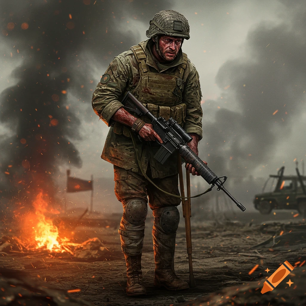 An injured soldier leans on a stick, holding a rifle on a smoky battlefield.