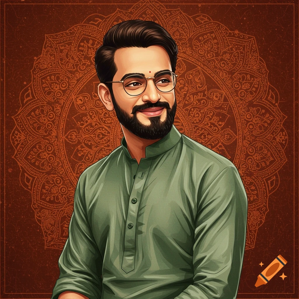 An Indian man in a green kurta stands against an orange patterned background.