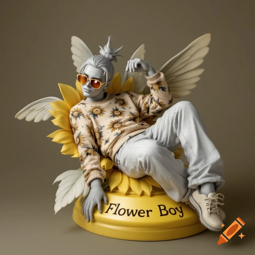 Stylized figure in sunflower sweater and sunglasses sits on a sunflower base with wings.