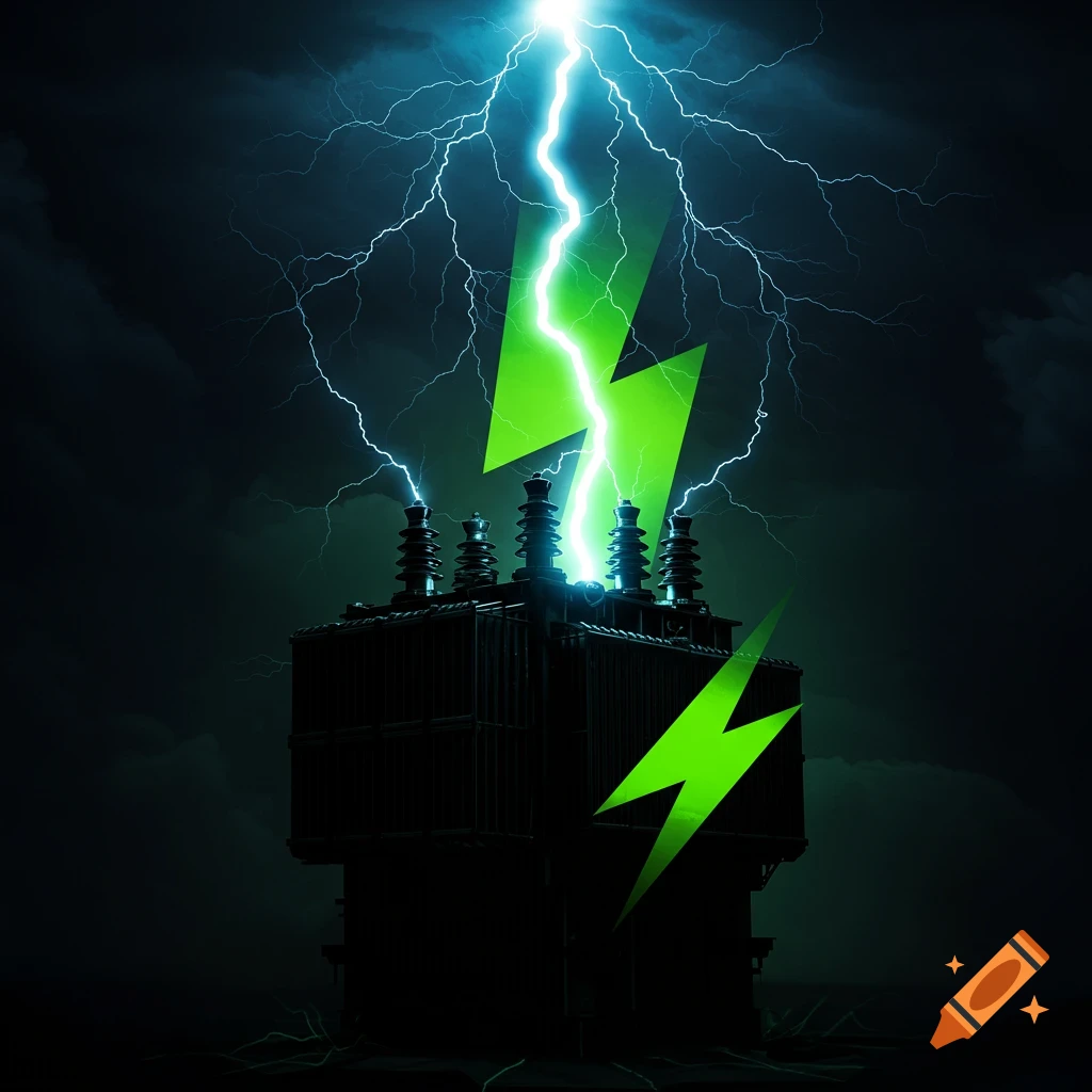 A black transformer structure under intense lightning with bright green lightning symbols.
