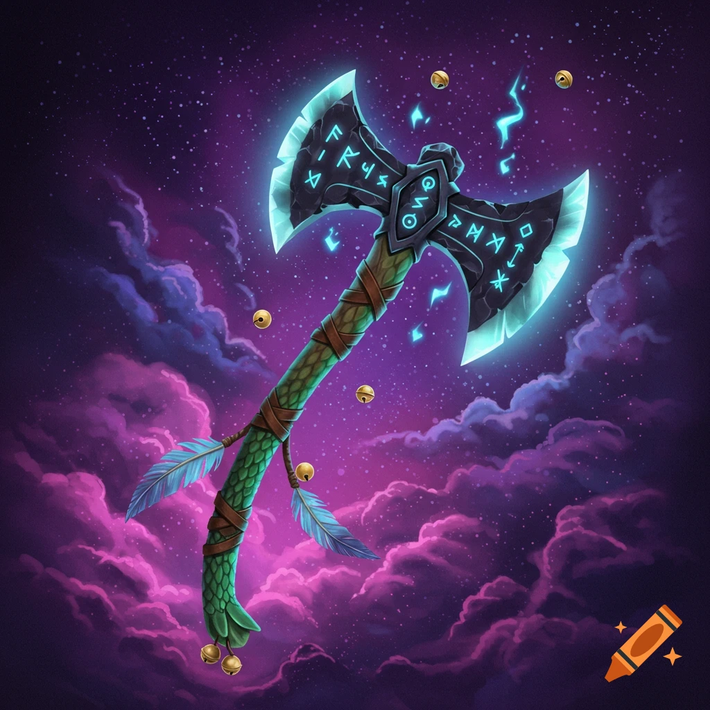 A magical axe with glowing blades, runes, feathers, and bells in a starry sky.