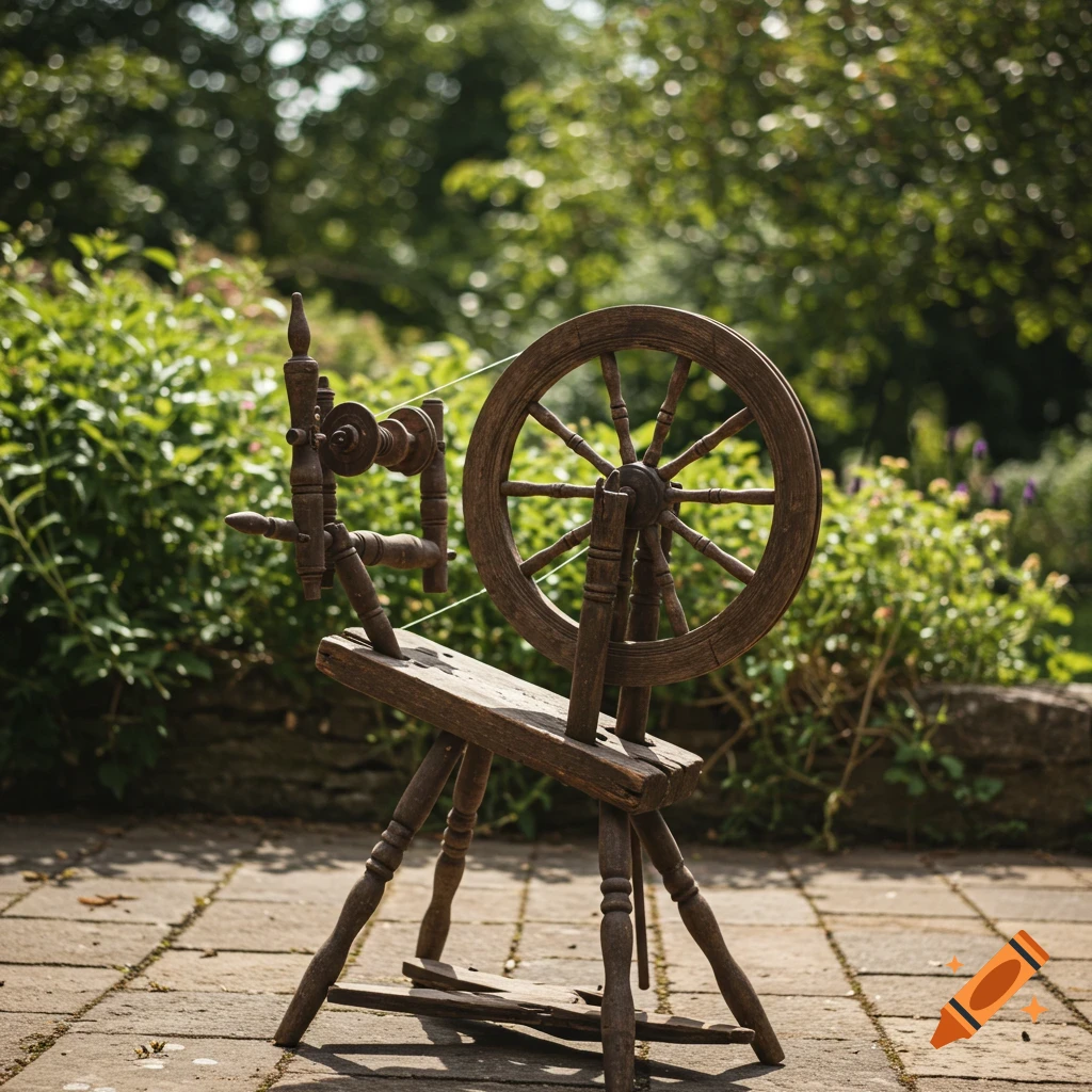 An old wooden spinning wheel sits on a paved path in a garden, lit by sunlight.