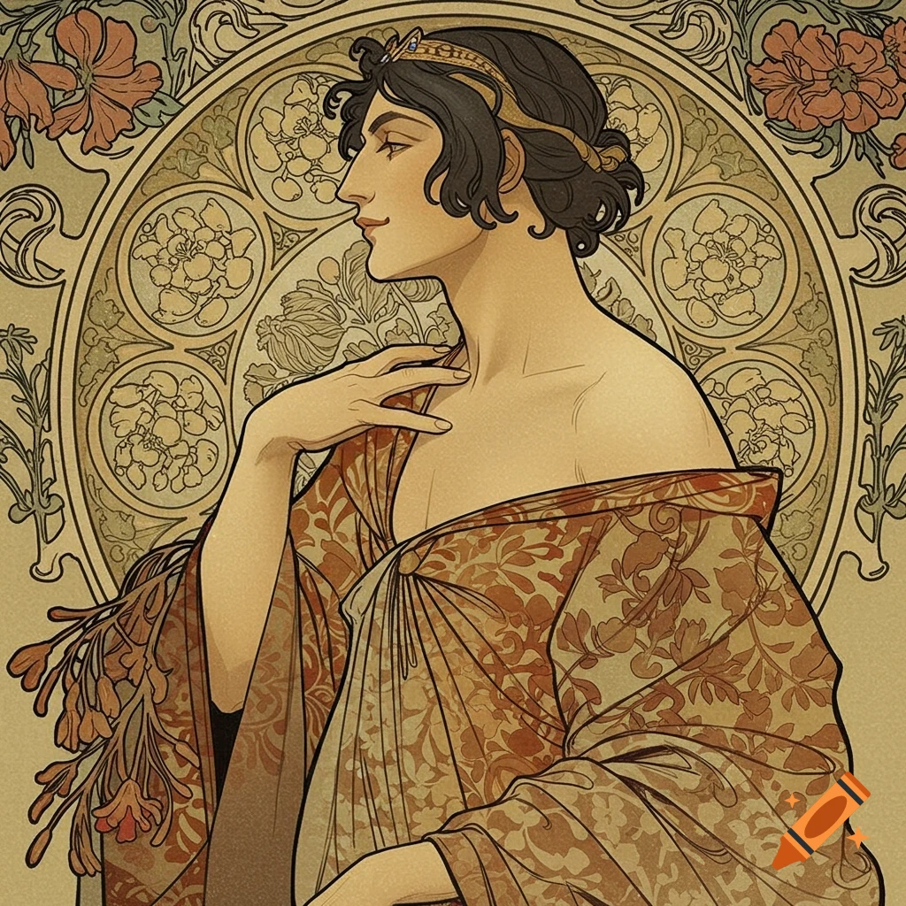 Art Nouveau portrait of a person in profile wearing ornate robe and headband against a floral background.