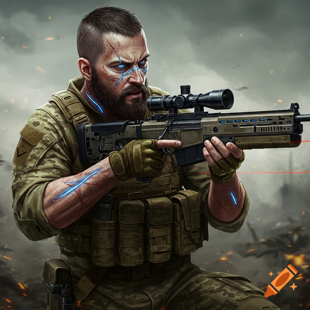 A man in military gear holds a sniper rifle. He has a beard and glowing blue scars on his face and arm.