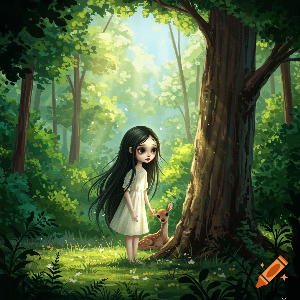 a young girl and a fawn standing in a sun-dappled forest.