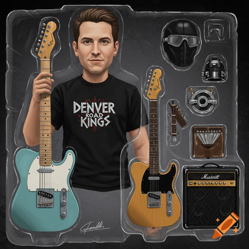 An action figure of a man holding a blue guitar, packaged with accessories in blister packs.