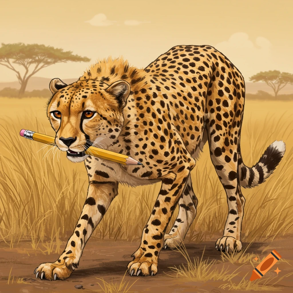 A cheetah standing in a savannah, holding a large pencil in its mouth.