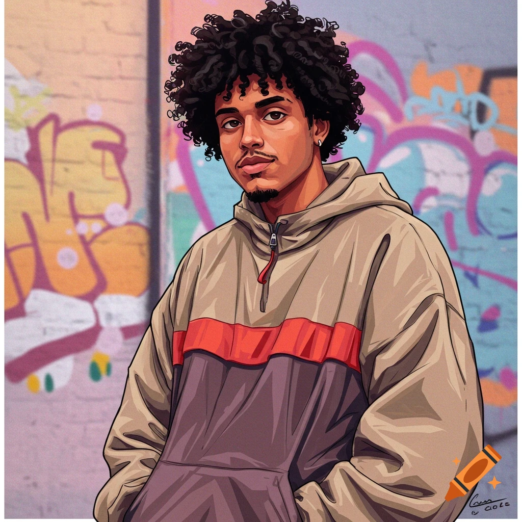 A young man with curly hair in a hoodie is standing against a graffiti wall.