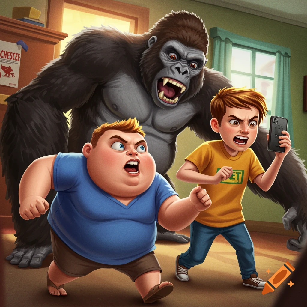 Two scared boys running from a large gorilla in a room.