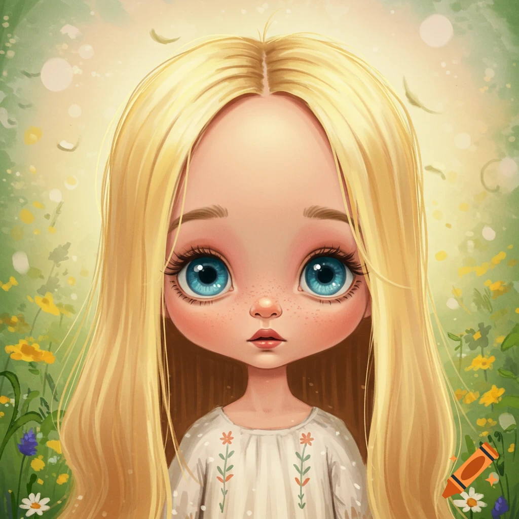 Stylized depiction of a blonde girl with large blue eyes and a large forehead in a flowery field.