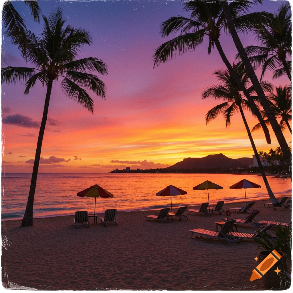 Vintage tropical beach sunset with palm trees