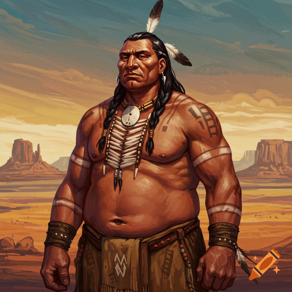 A muscular Native American man with braids, feathers, and markings, in a desert landscape.