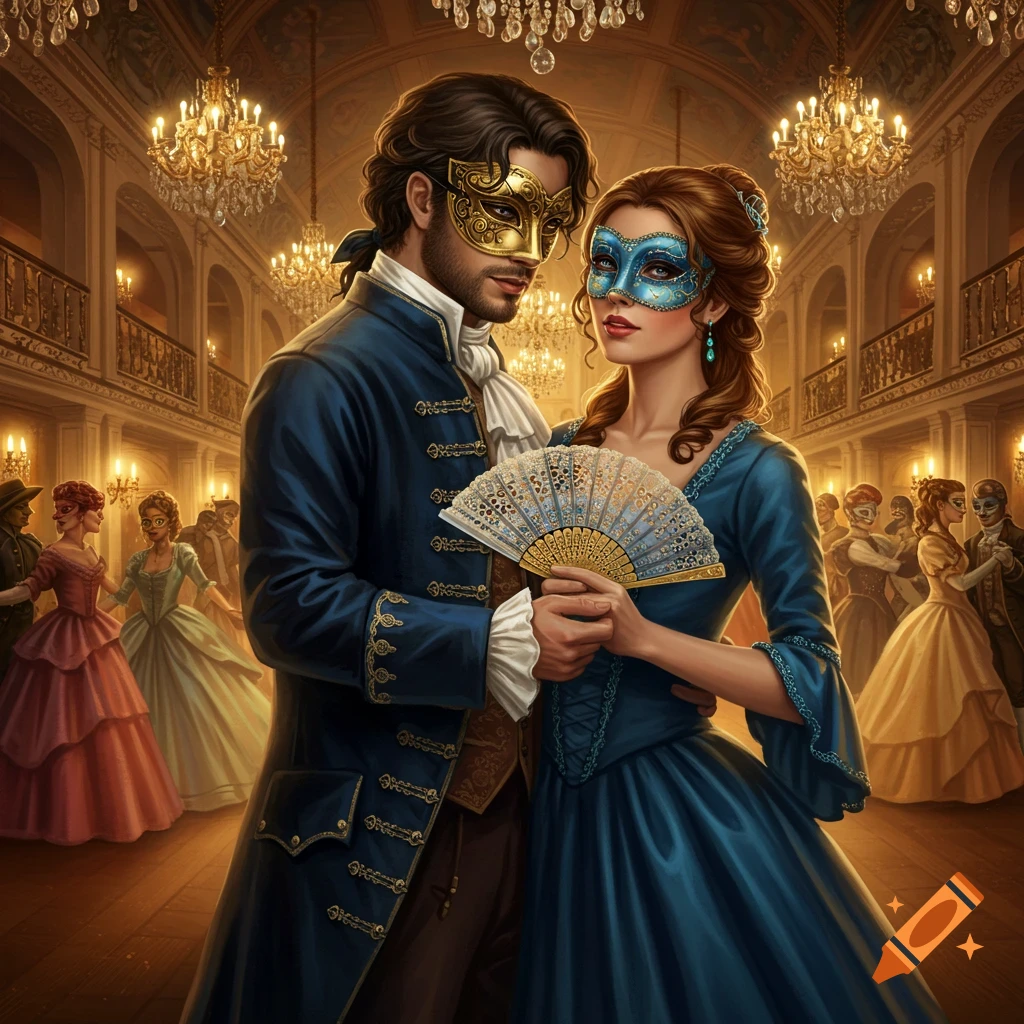 A couple in historical clothing and masquerade masks holding a fan in a grand ballroom.