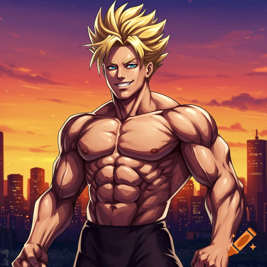 Anime style muscular man with blonde hair and blue eyes smiles in front of a city skyline at sunset.