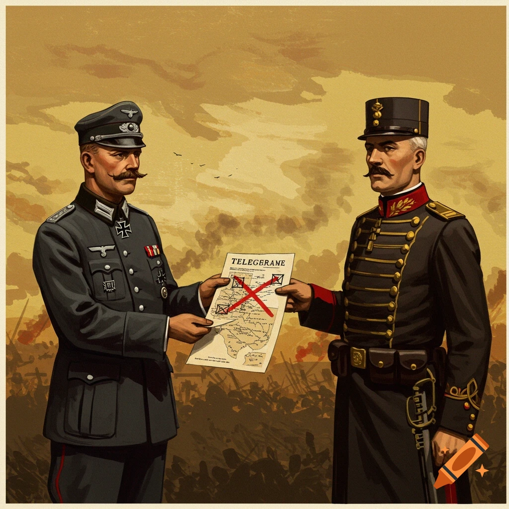 Two officers in historical uniforms examining a map marked with red X's.
