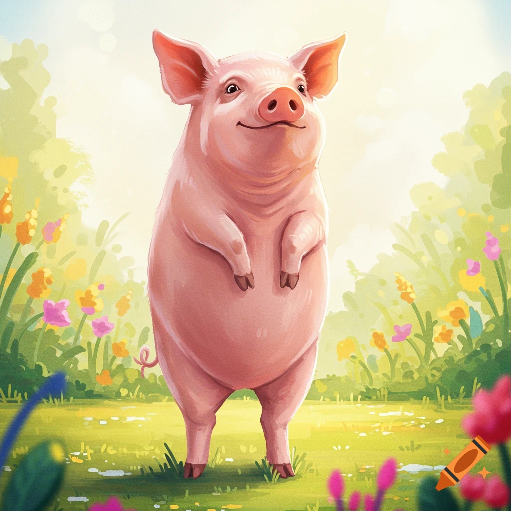 A pink pig is standing on its hind legs in a sunny flower field.