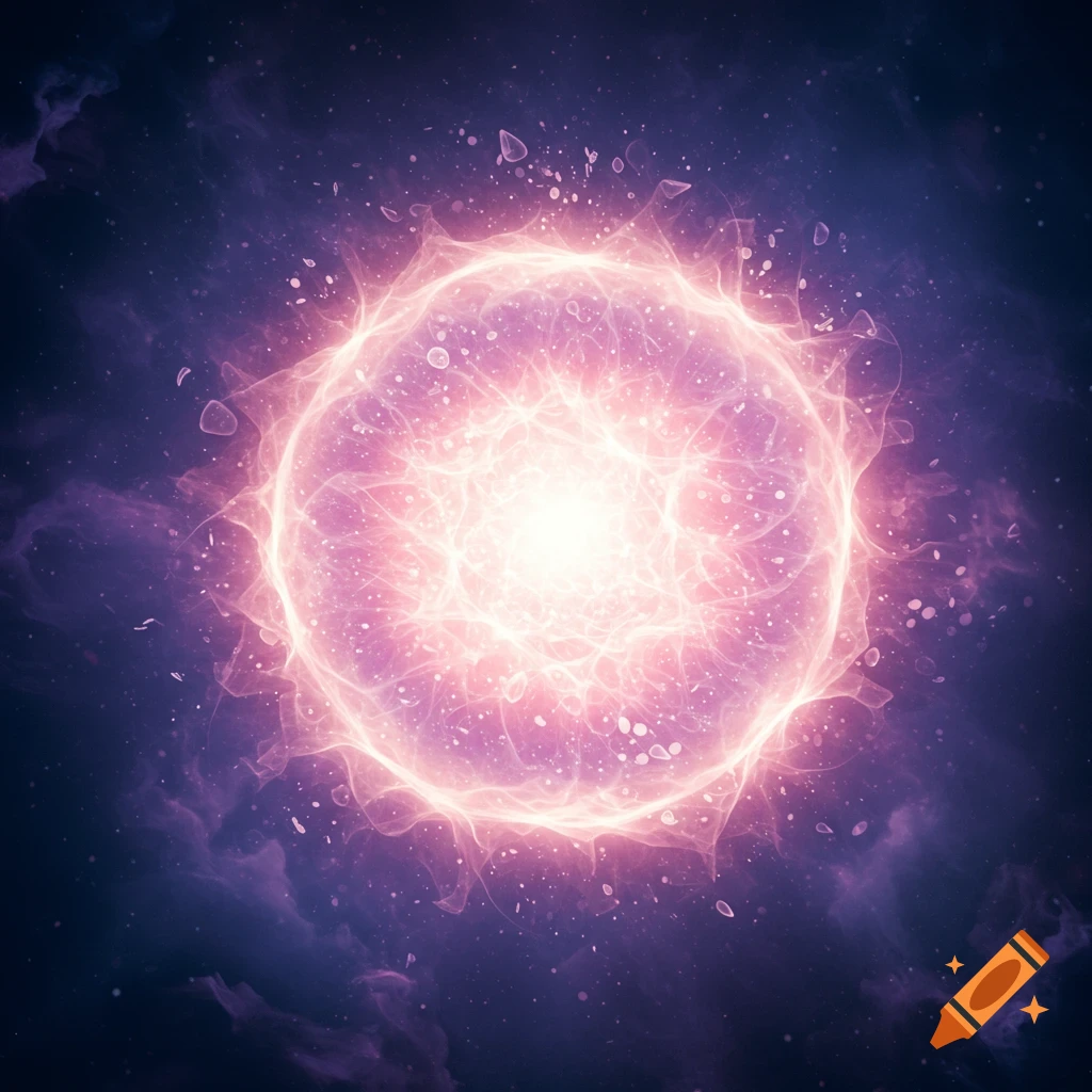 An ethereal pink and white glowing orb of light and energy against a dark purple nebula background.