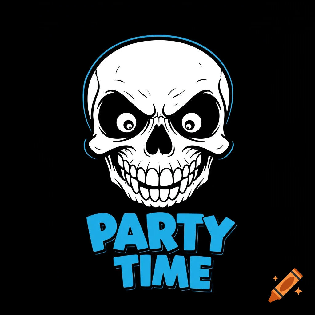 Cartoon skull logo with "Party Time" text