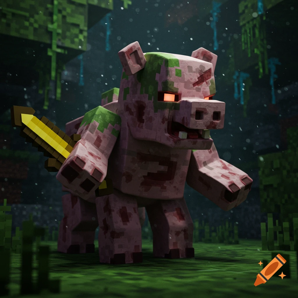 Blocky zombie piglin with a sword in a dark mossy forest, Minecraft style