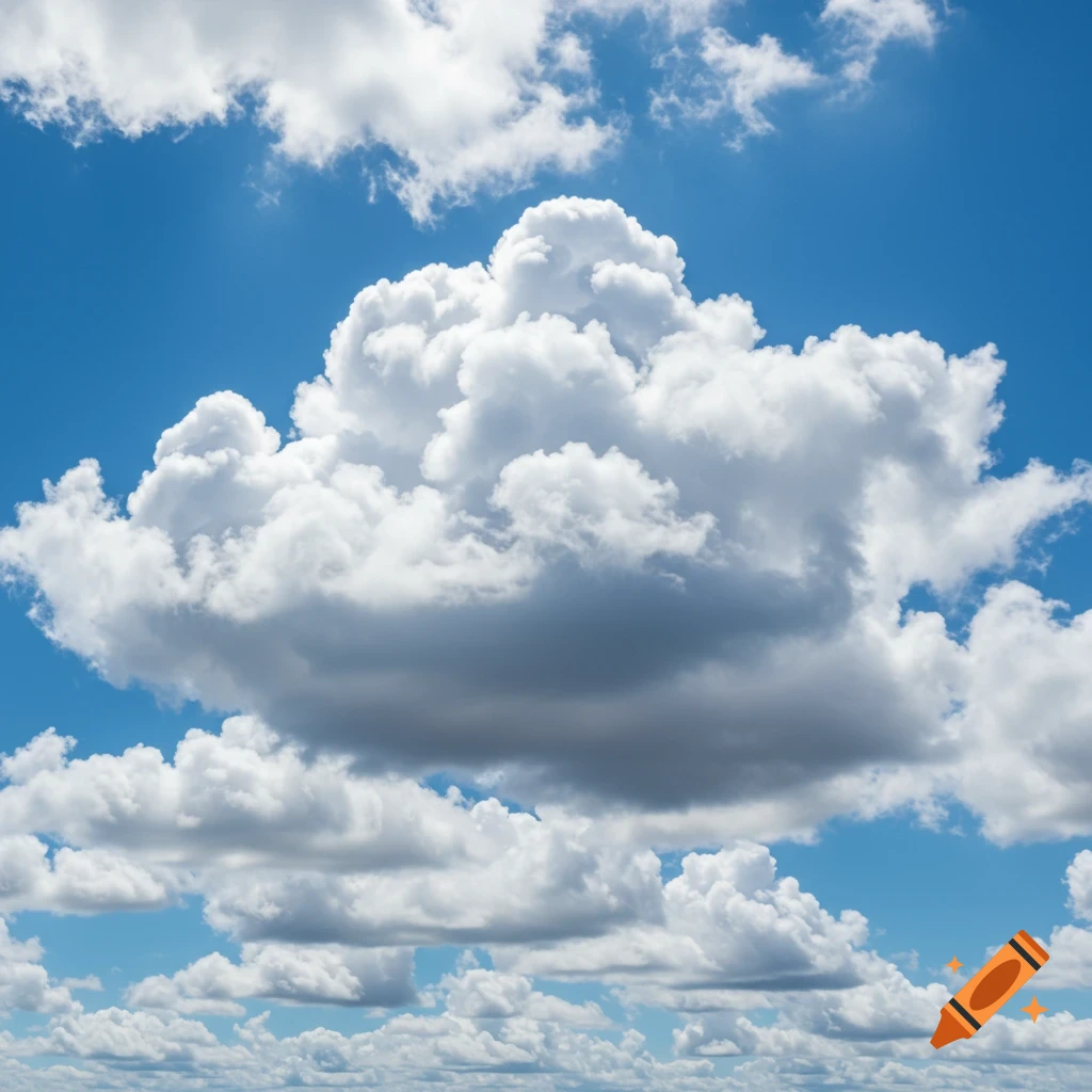 Blue sky filled with large white and grey clouds.