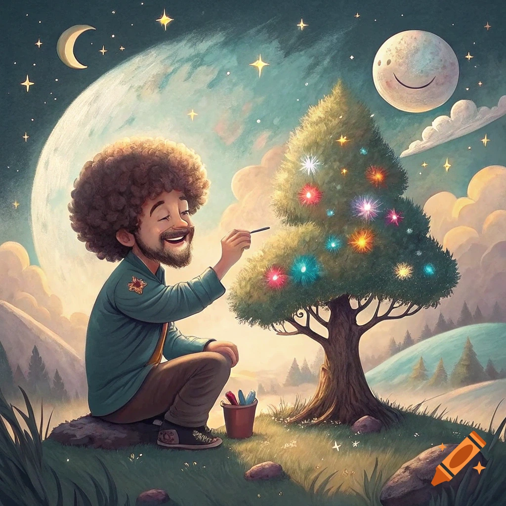 Bob Ross paints a whimsical tree with colorful glowing points under a starry sky with a smiling moon.
