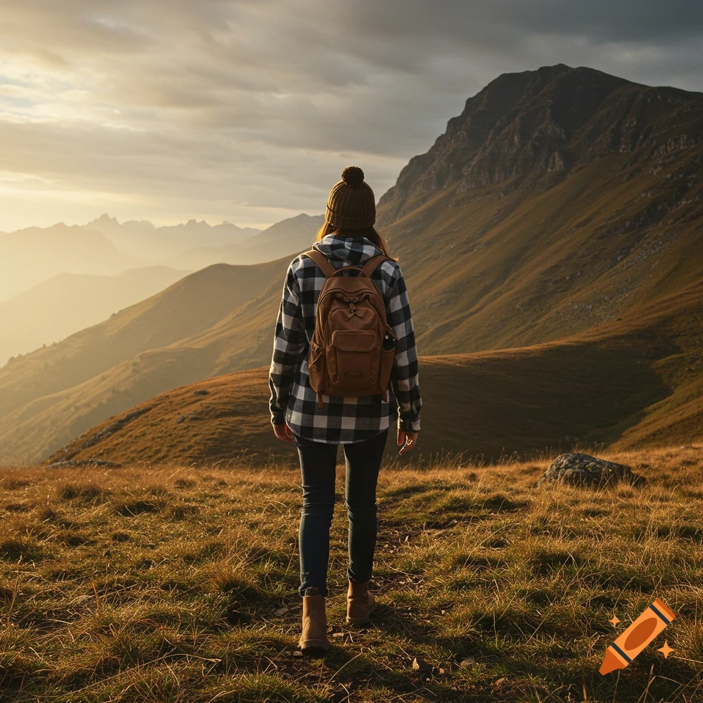 Woman with backpack stands on grassy hill looking at mountains at sunset