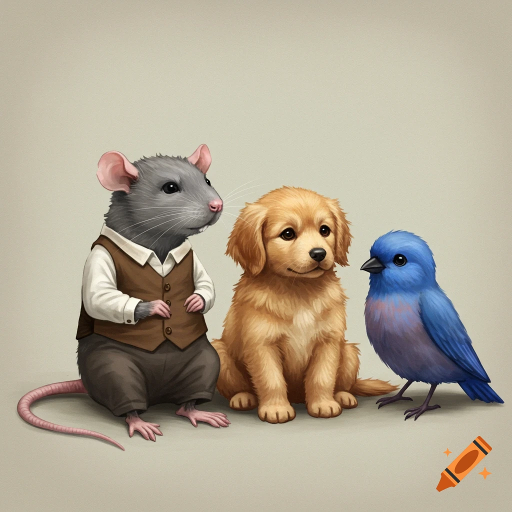 A rat wearing clothes, a golden puppy, and a blue bird sitting together.