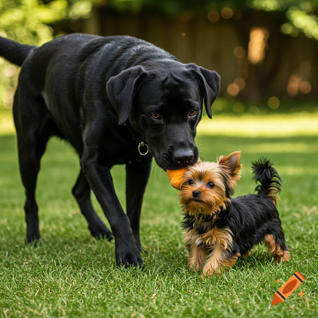 Black labrador holding orange object near a Yorkshire Terrier on green grass.