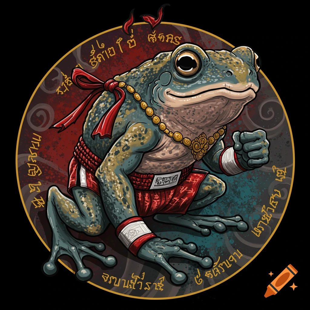 Digital illustration of a frog wearing Muay Thai shorts and gloves, adorned with a gold necklace and red ribbon, within a circular border.