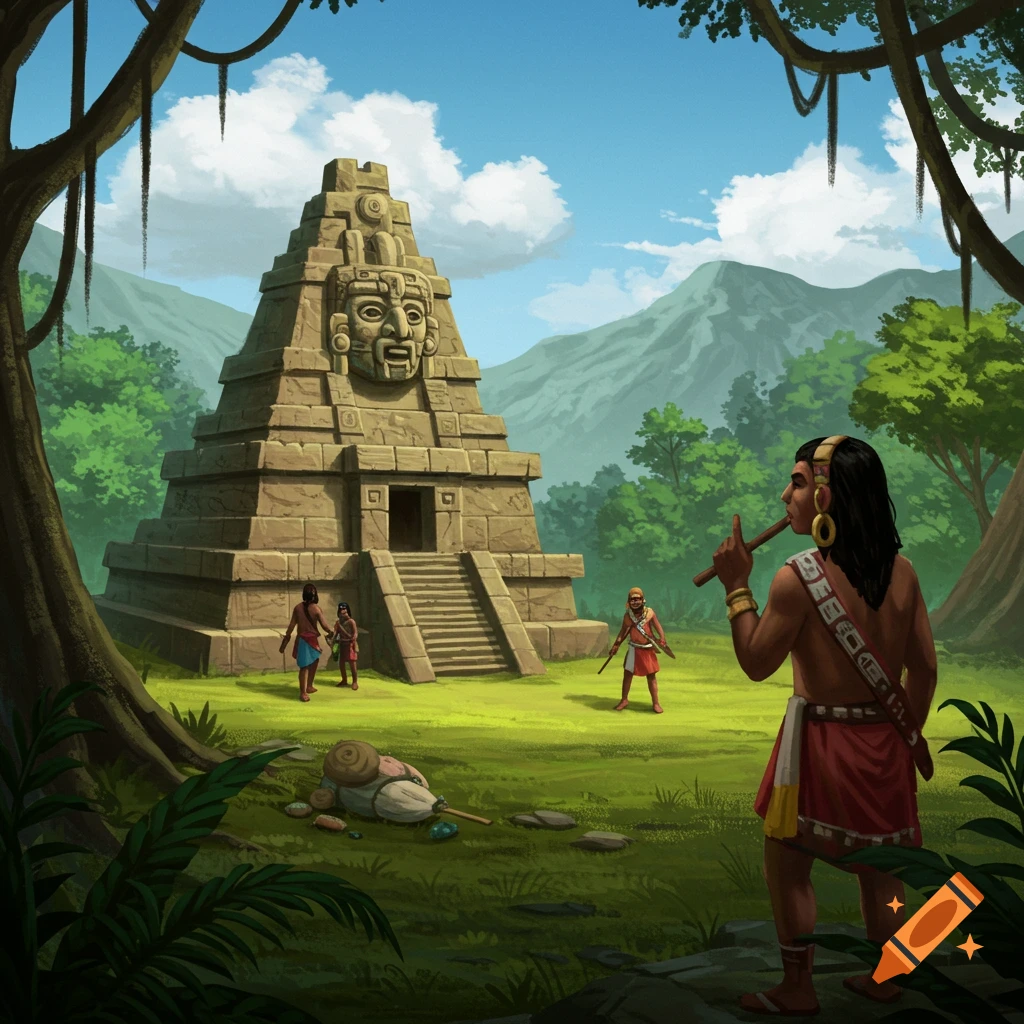 People near an ancient pyramid in a jungle clearing.
