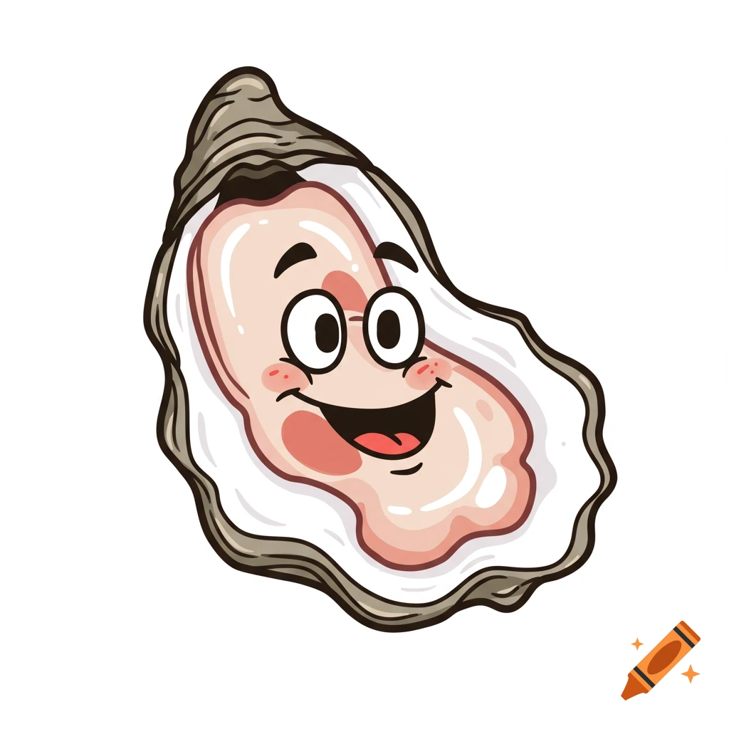 A cartoon oyster with a happy face on a white background.
