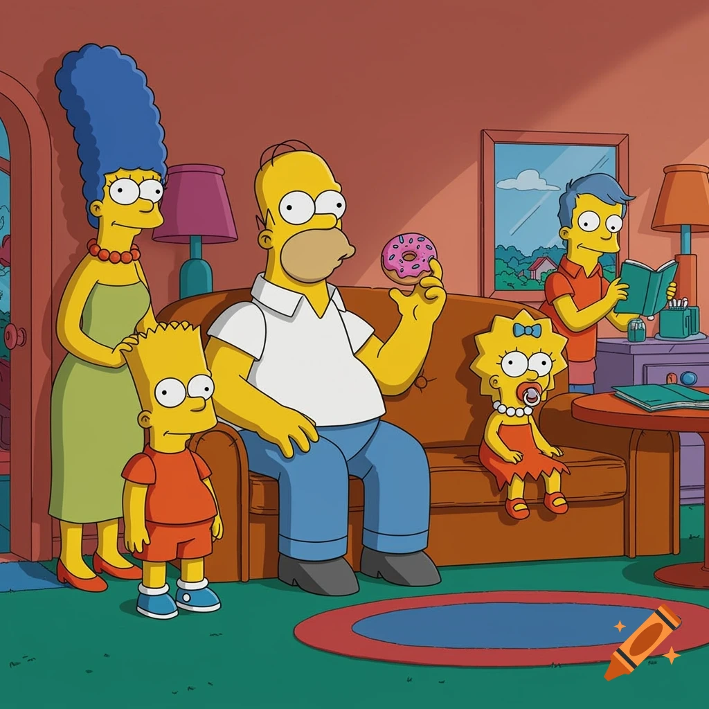 Cartoon image of The Simpsons family in their living room. Homer holds a donut, Marge stands, Bart stands, Lisa reads, Maggie sits.