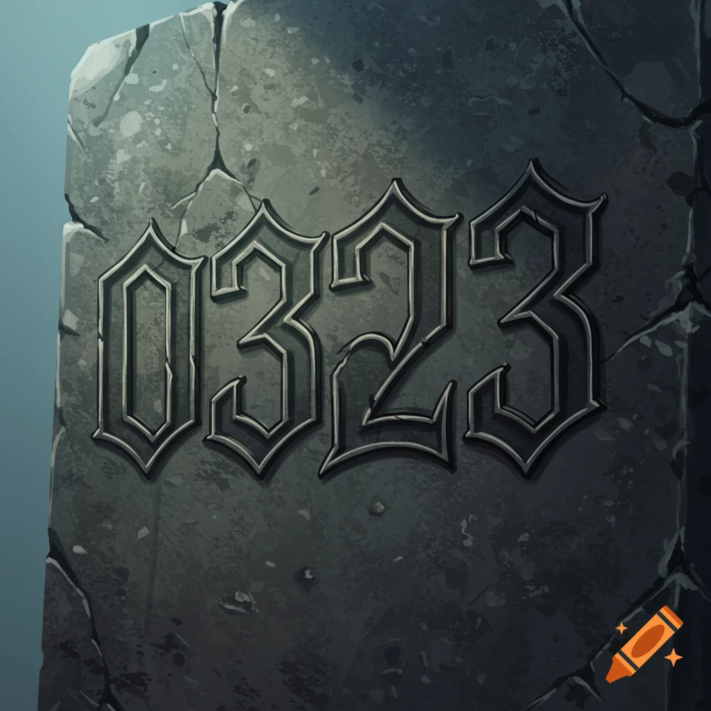 The numbers 0323 are carved into a weathered stone slab.