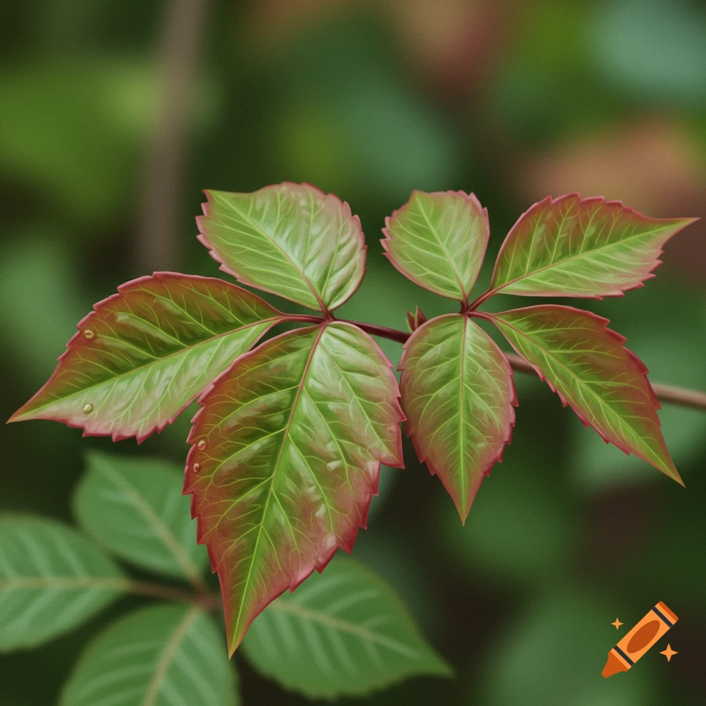 Close-up of green leaves with red edges on a branch against a blurred background.
