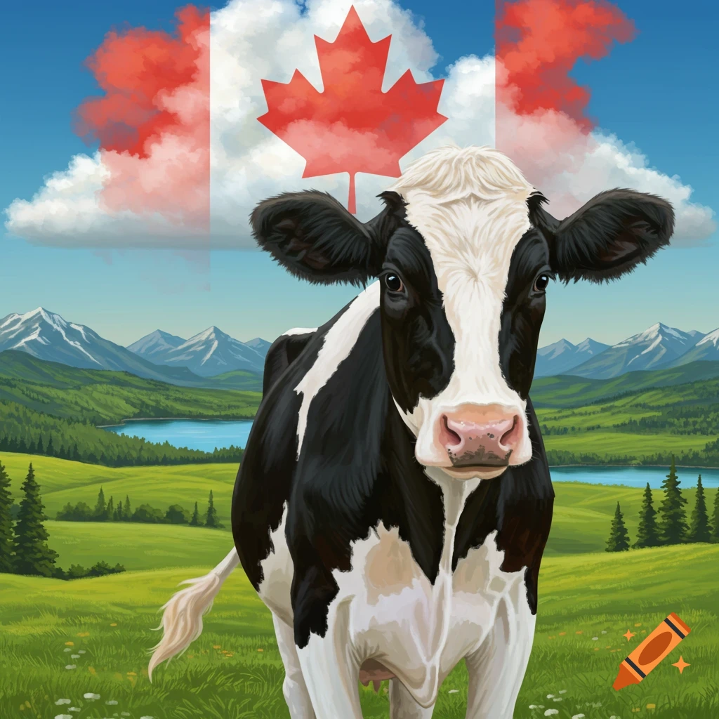 A black and white cow stands in a green field with a lake and mountains under a sky with a Canadian flag.