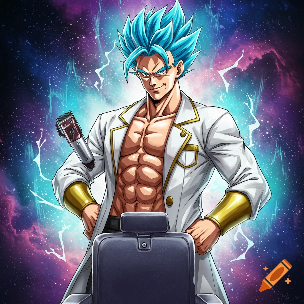 Anime character resembling Goku as a muscular barber holding clippers, with a galactic background.