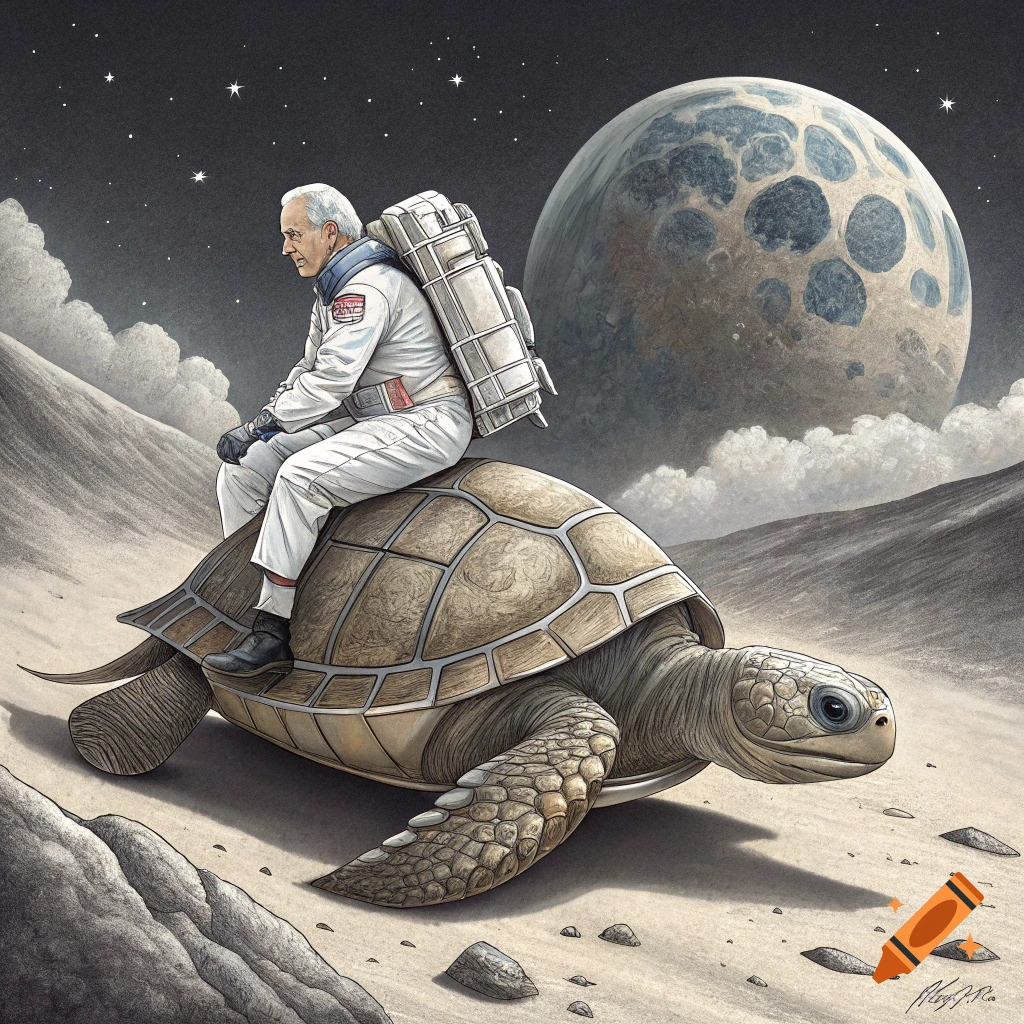 Illustration of a man in an astronaut suit riding a giant turtle on the moon.