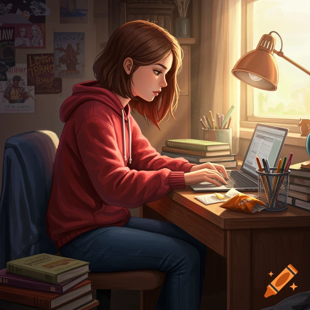 A teenage girl in a red hoodie is studying on a laptop at a cluttered desk with a sunlit window.