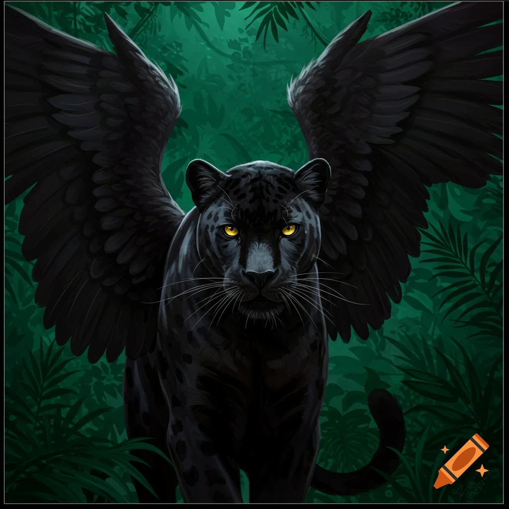 A black panther with black wings sits in a dark jungle.