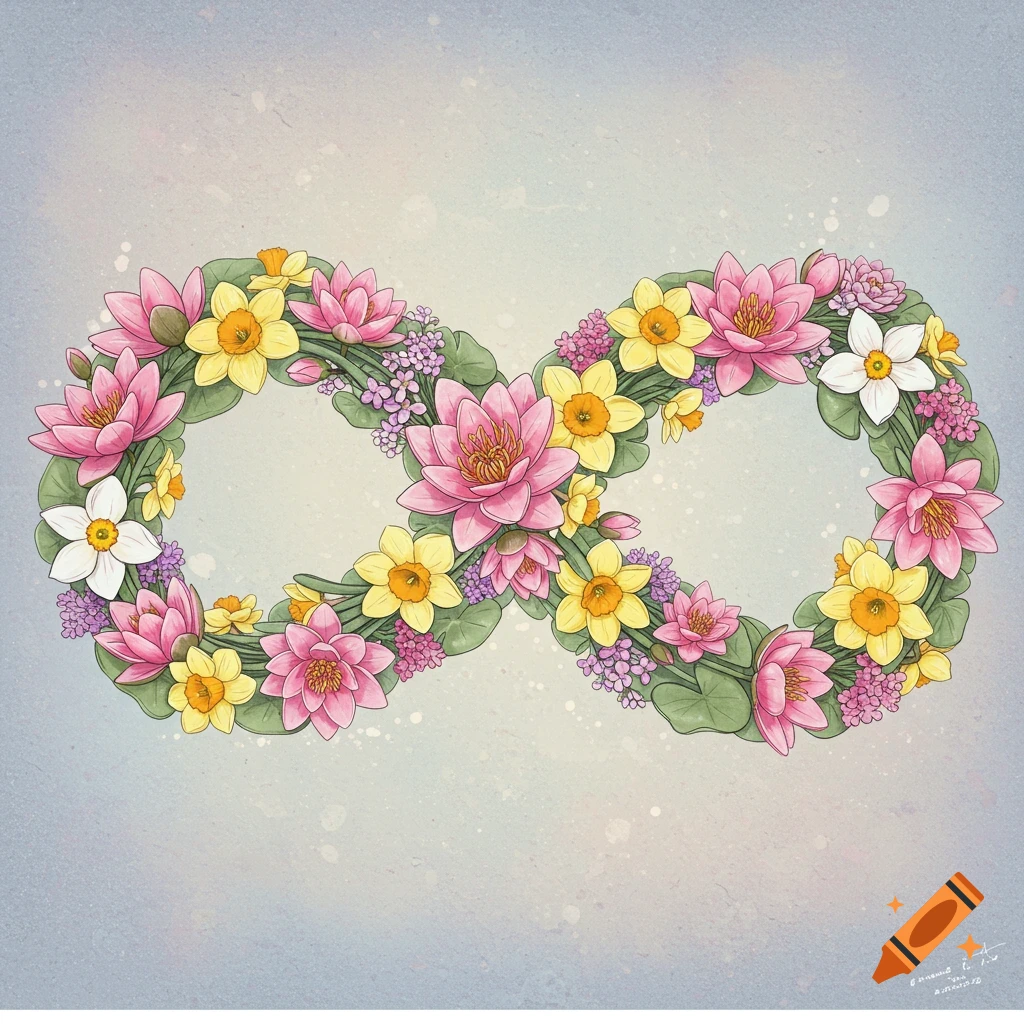 An infinity sign made of pink water lilies, yellow daffodils, white flowers, and purple flowers.
