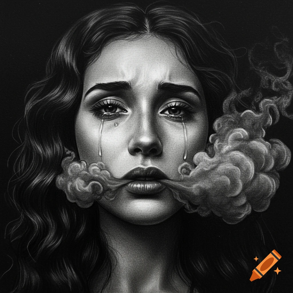 Charcoal drawing of a crying woman with smoke surrounding her mouth against a black background.