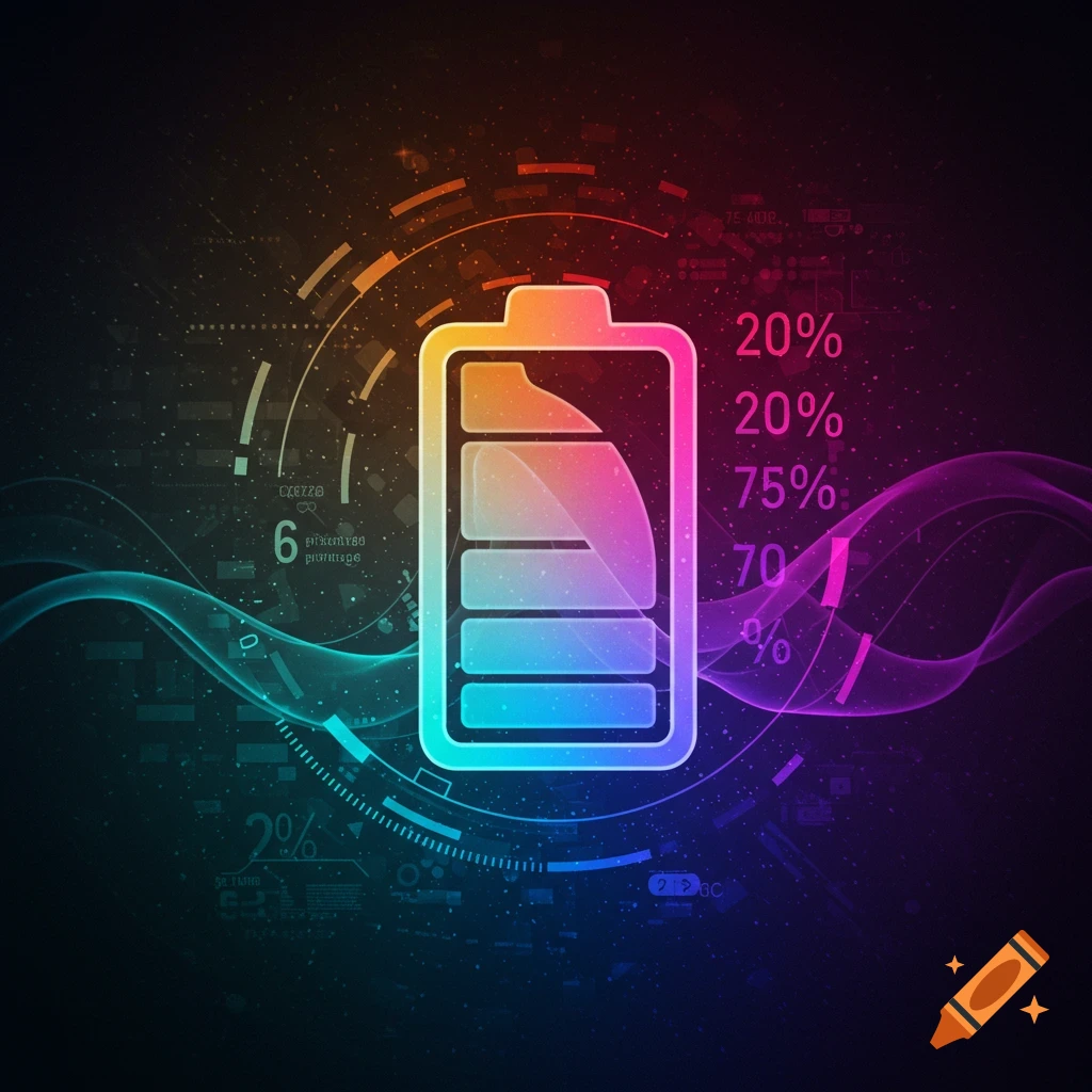 Abstract image of a glowing battery icon with technical elements and numbers