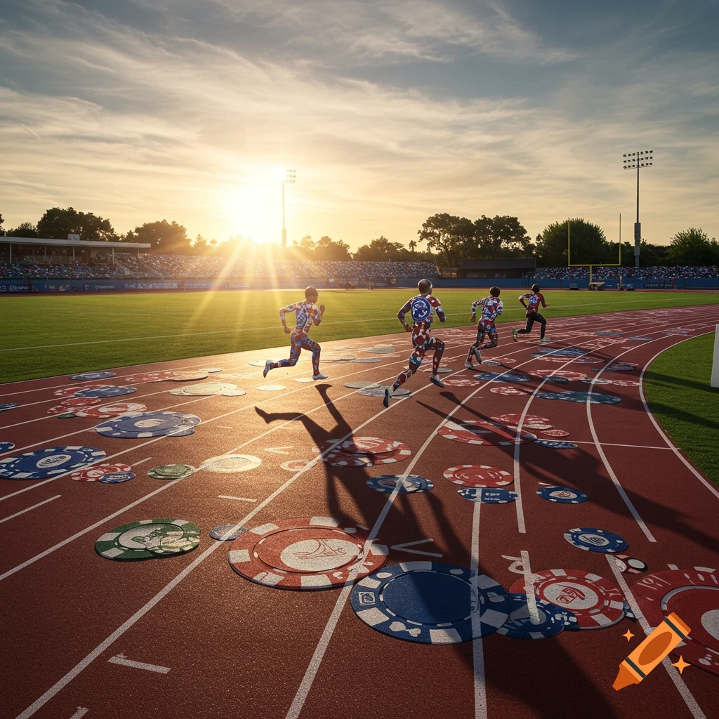 Runners race on a track covered in giant poker chips at sunset in a stadium.