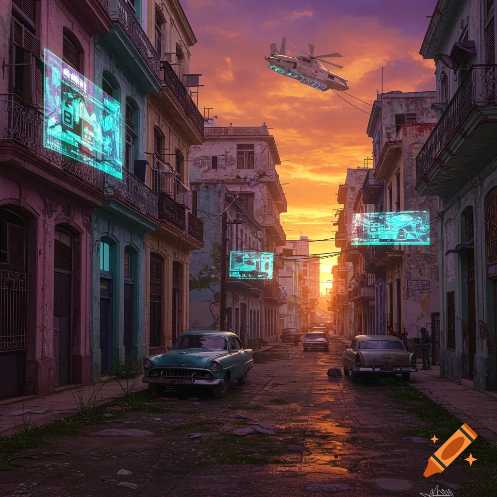 An old street in Havana, Cuba, with classic cars, futuristic screens, and a helicopter under a sunset sky.