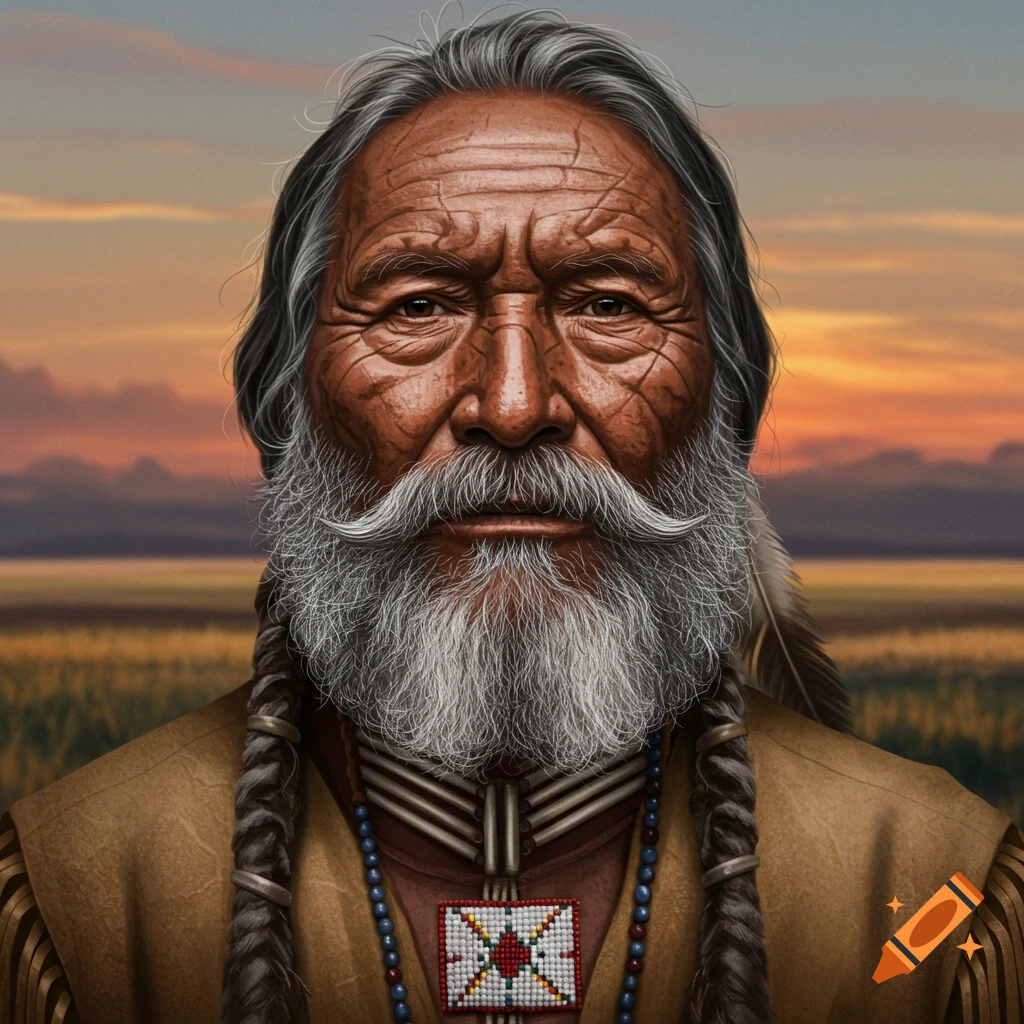 An elderly Indigenous man with a beard and braids is shown against a sunset landscape.