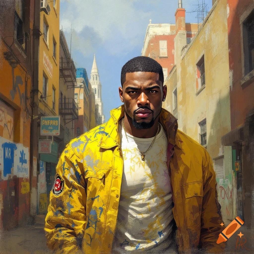 A man in a yellow jacket stands on an urban street with buildings and graffiti.